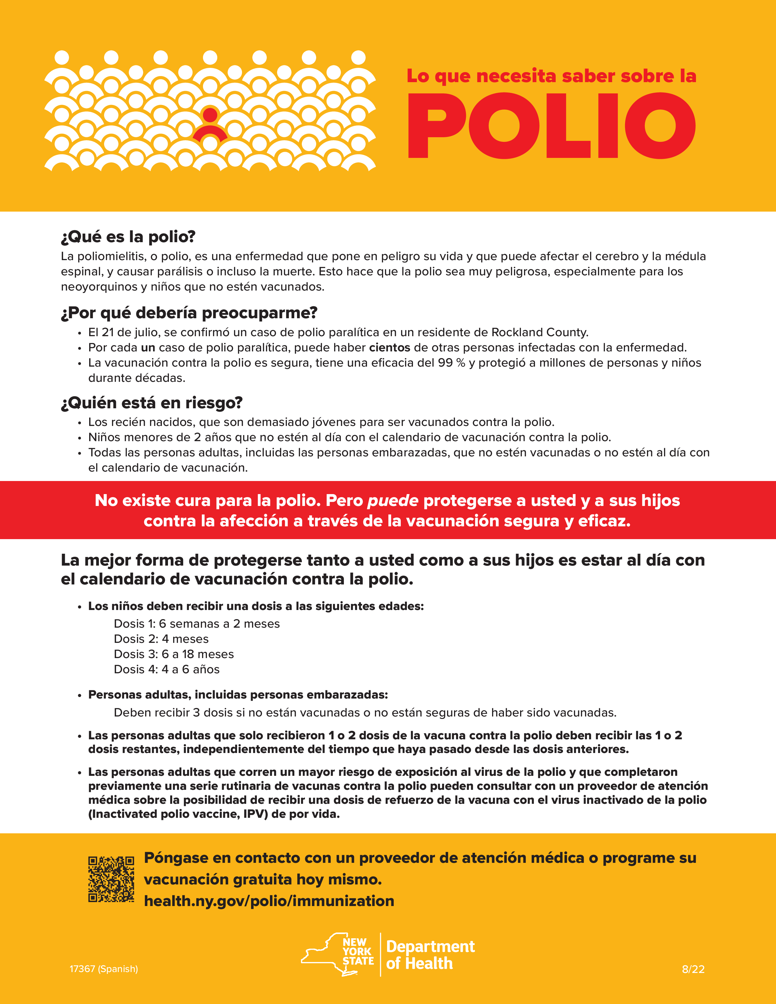 Yellow, white, and red colored factsheet in Spanish with QR code, New York State Department of Health logo and web link to get more information at the bottom.