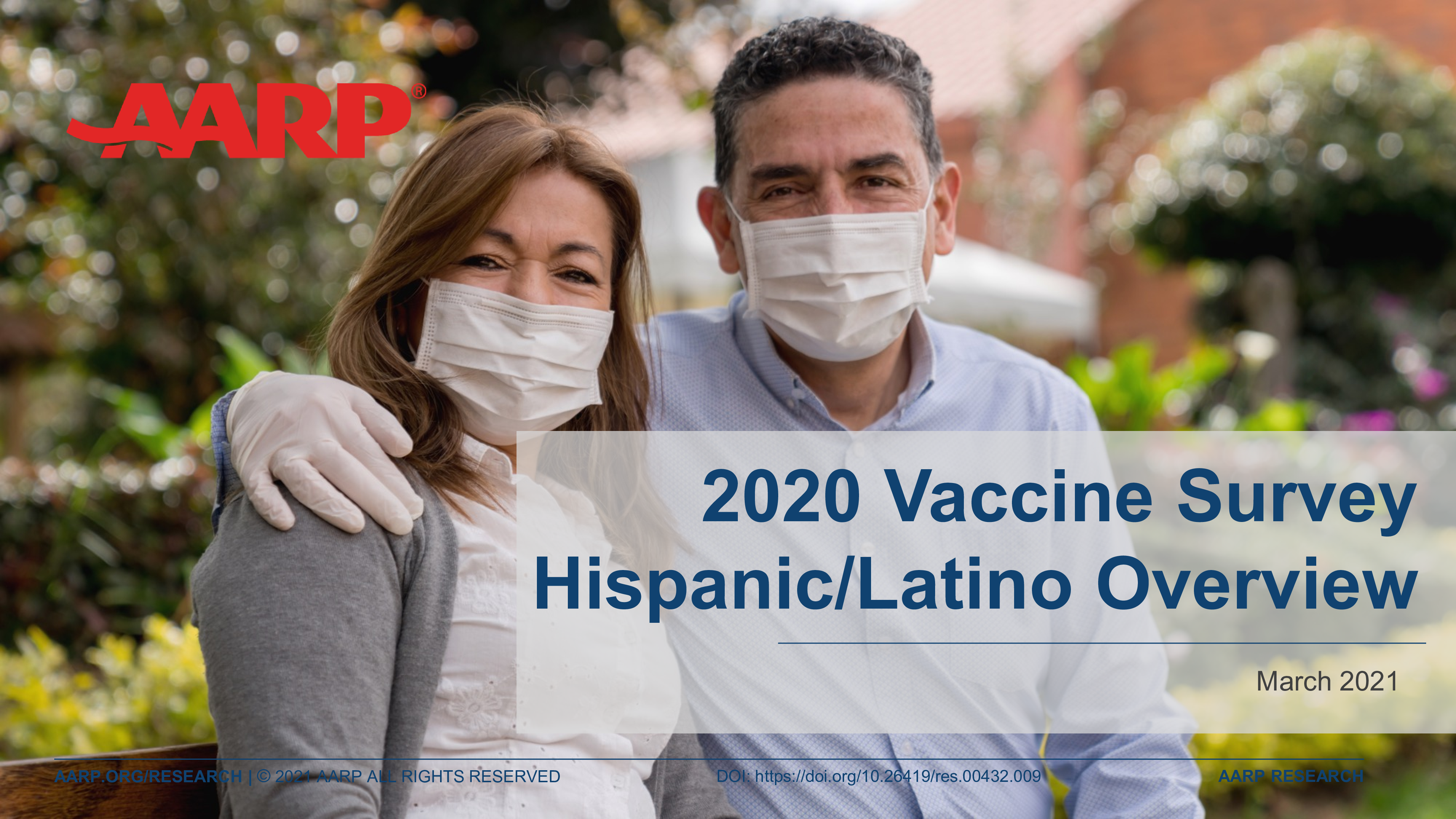 An older adult Hispanic couple sits outside. Both are wearing masks and the man is wearing gloves. Title page reads, "2020 Vaccine Survey Hispanic/Latino Overview. March 2021"