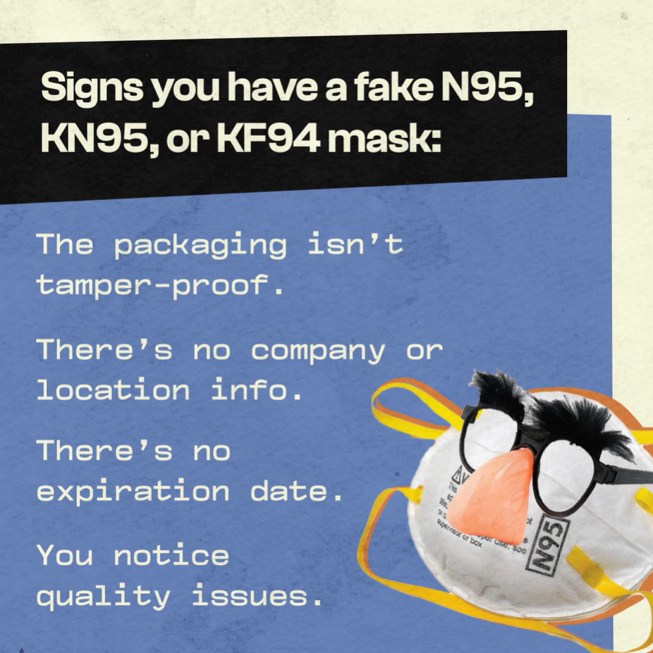 N95 respirator wearing fake glasses with text