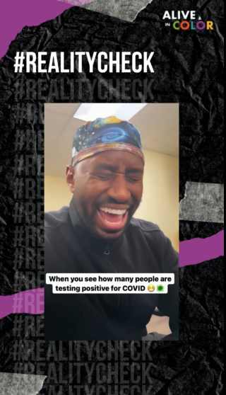 Social media graphic with a Black man looking surprised that says "When you see how many people are testing positive for COVID"