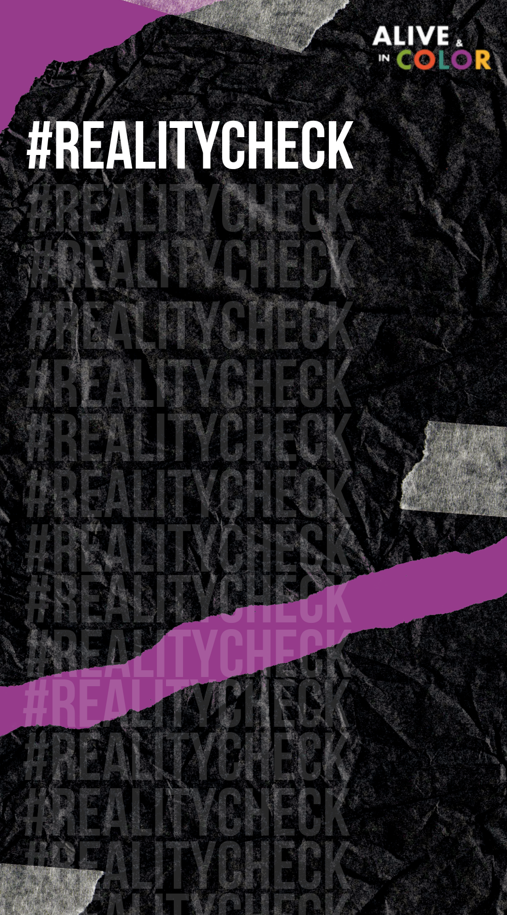 social media background template looks like black crumpled paper with purple stripe. Says #RealityCheck