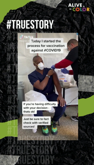 screen shot of a Black man wearing a mask being given a vaccination by a male healthcare worker