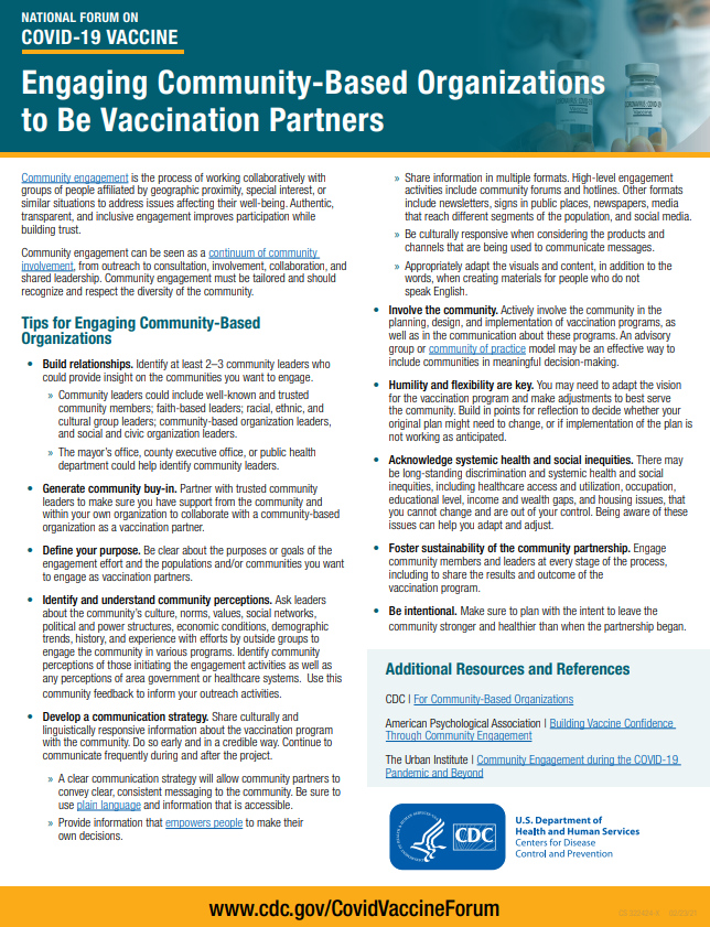 page with title "Engaging Community-Based Organizations to be Vaccination Partners."