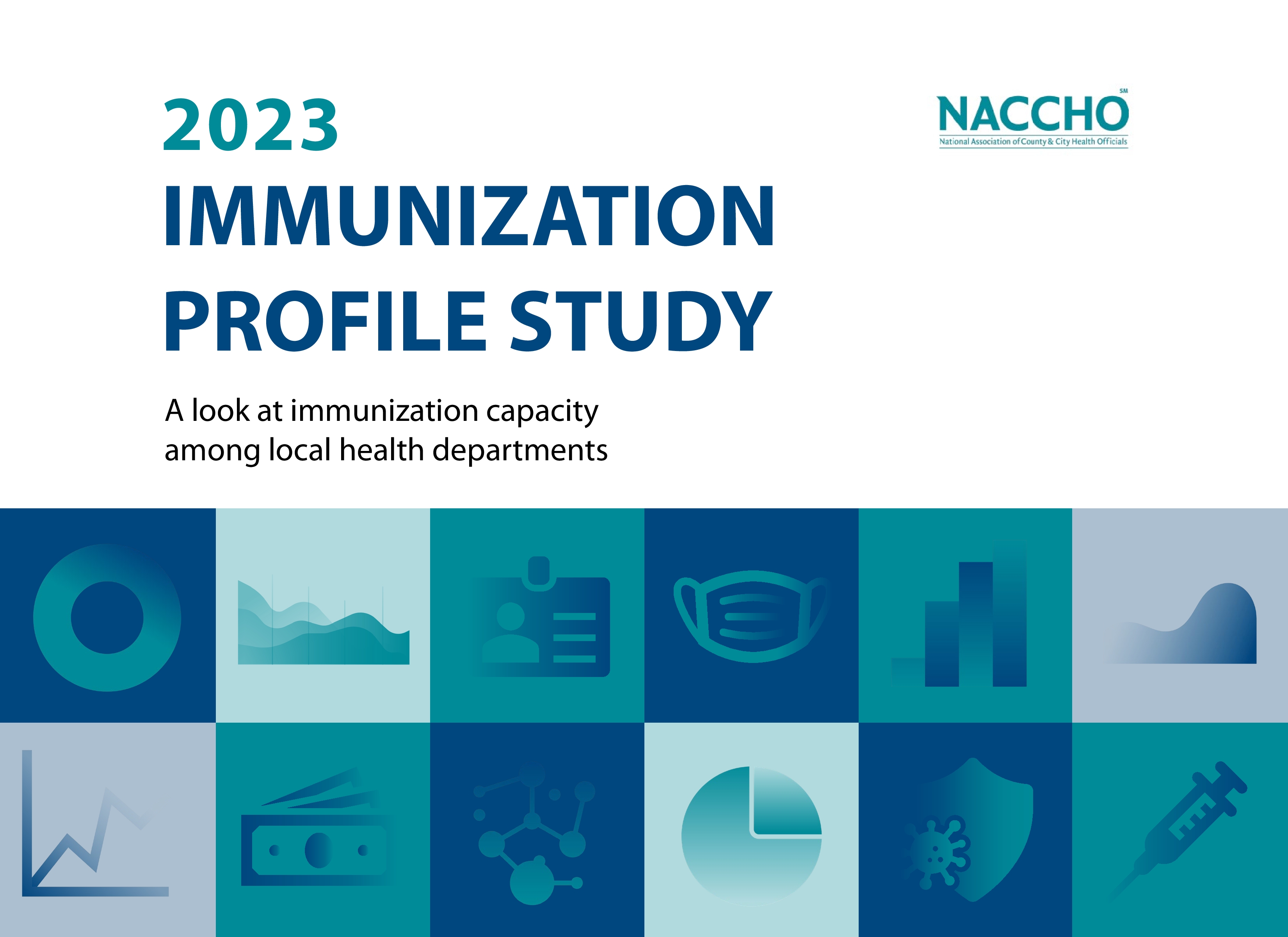 Title page of report shows a series of graphics related to immunization (such as a mask and vaccine needle) and data reporting (such as a bar graph and pie chart).