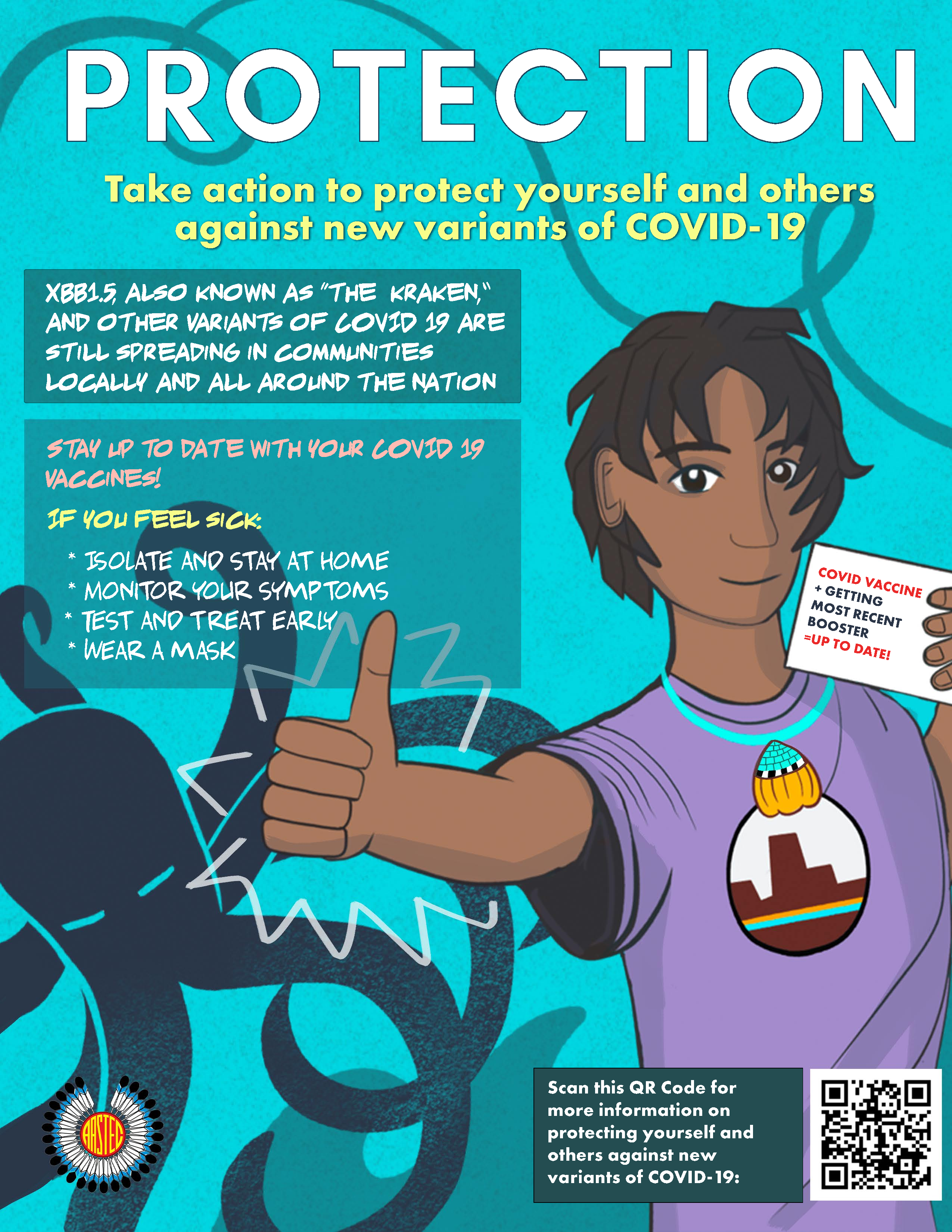 Cartoon image of young adult man giving a thumbs up and holding a notecard. Flyer background is ocean blue with a cartoon octopus. QR code in bottom right. 