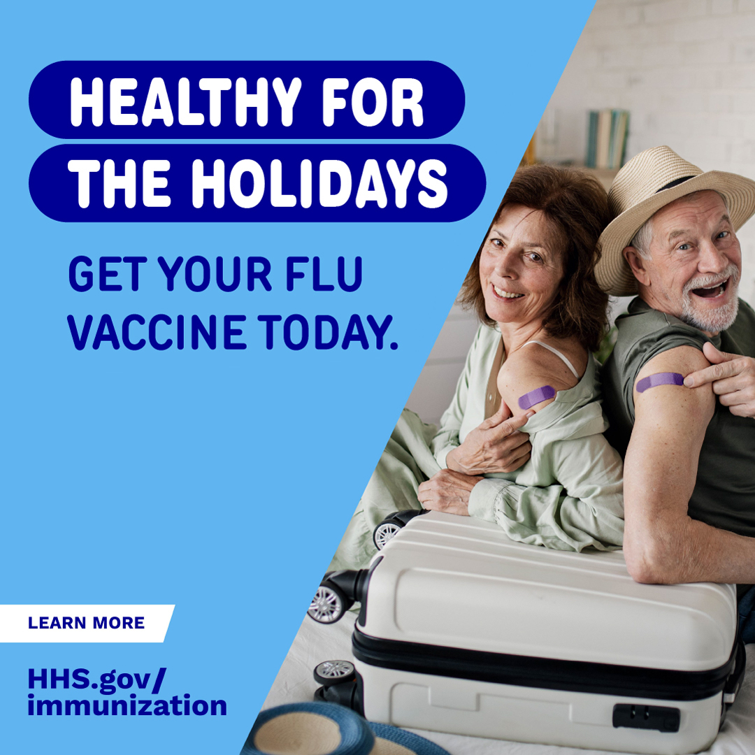 Two older adults point to purple adhesive bandages on their arm and smile. Text reads, "Healthy for the holidays. Get your flu vaccine today."