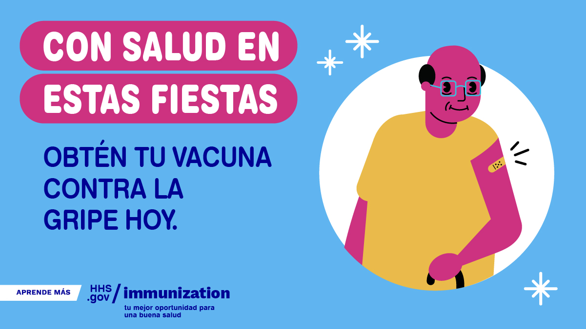 A cartoon older Black man smiles and has an adhesive bandage on his arm. Spanish text reads, "Healthy for the holidays. Get your flu vaccine today."