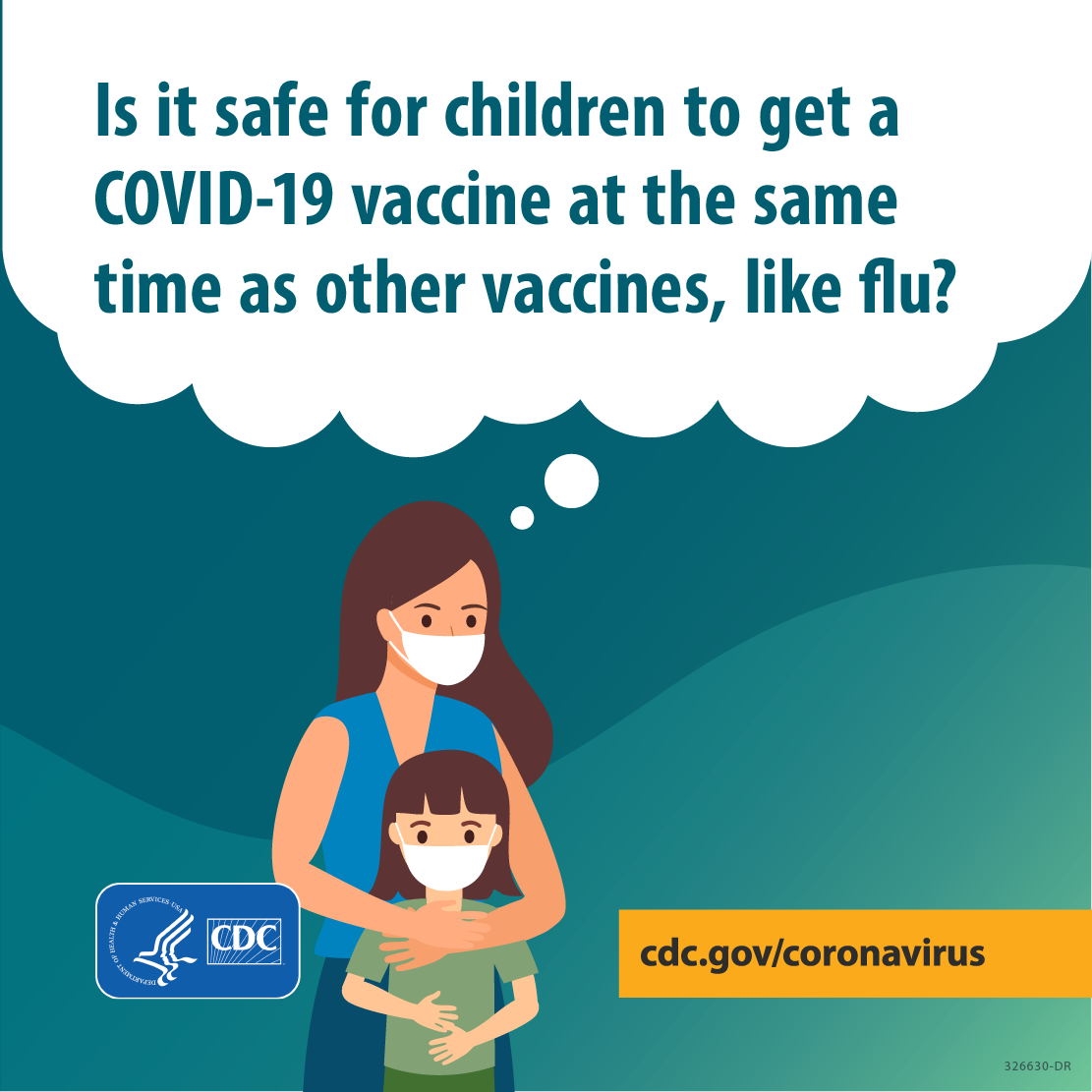 Cartoon graphic of a mother embracing her child. Over the mother's head is a thought bubble reading "Is it safe for children to get a COVID-19 vaccine at the same time as other vaccines, like flu?"