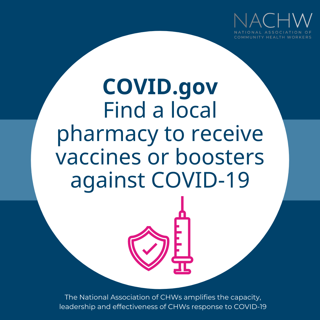Cartoon icon of a shield and syringe. Text reads, "COVID.gov Find a local pharmacy to receive vaccines or boosters against COVID-19"