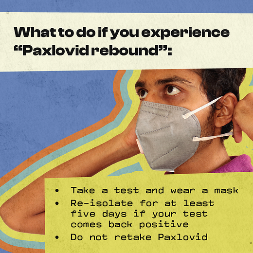 A man is shown putting on a mask. Text reads "What to do if you experience "Paxlovid rebound": Take a test and wear a mask. Re-isolate for at least five days if your test comes back positive. Do not retake Paxlovid."