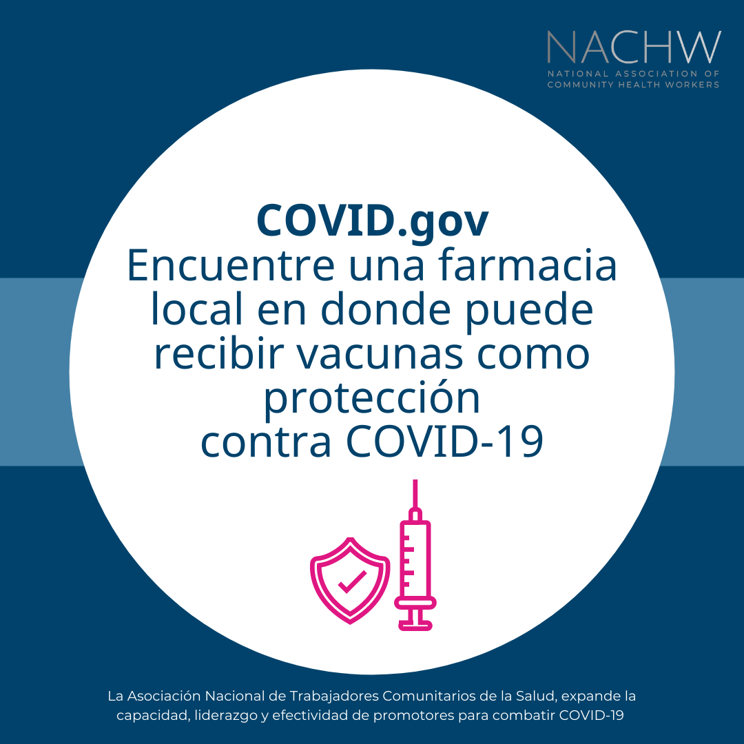 Cartoon icon of a shield and syringe. Spanish text reads, "COVID.gov Find a local pharmacy to receive vaccines or boosters against COVID-19"