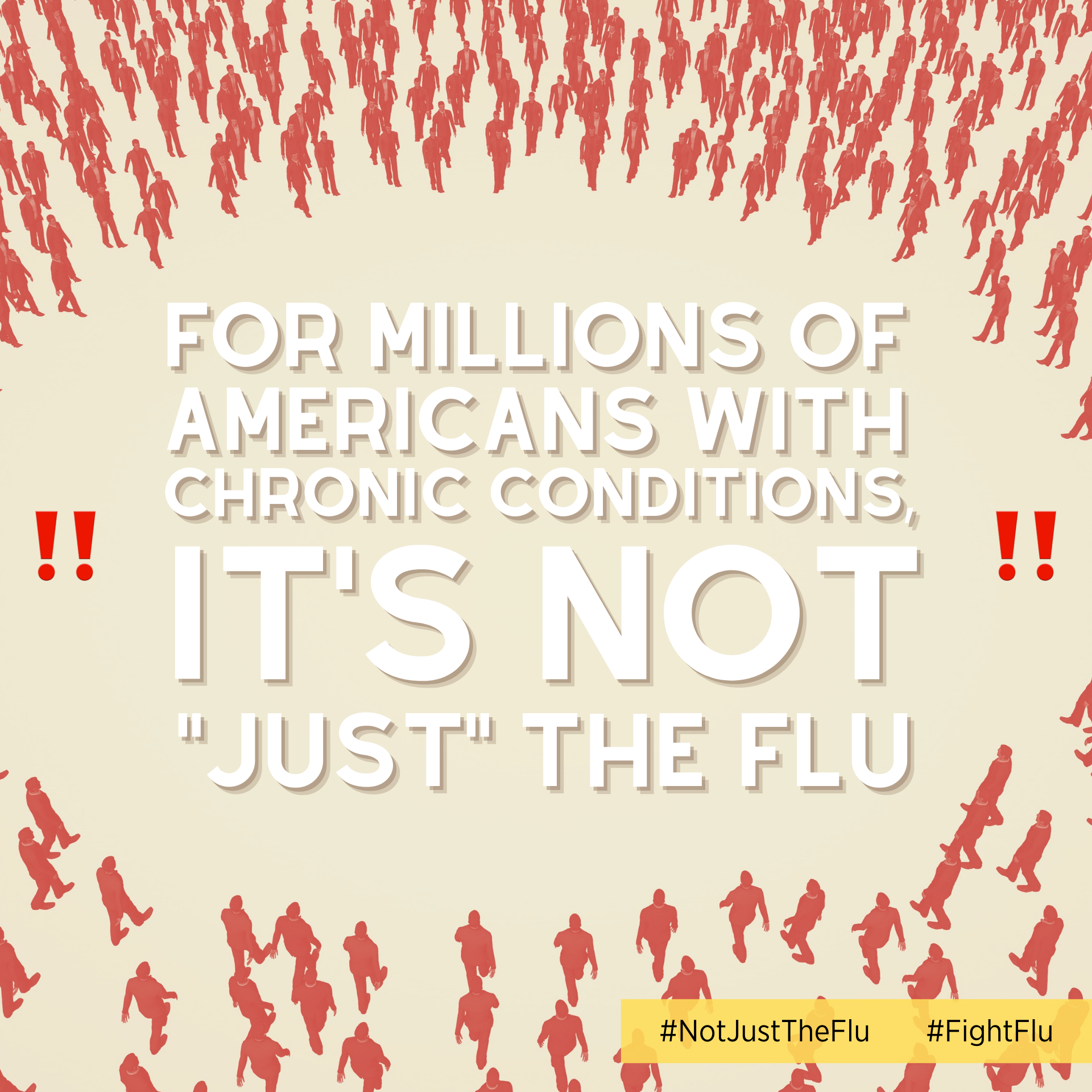 Cartoon image of a crowd of red figures around text reading, "For millions of Americans with chronic conditions, it’s not “just” the flu. Did you know that flu vaccination has been shown to reduce the risk of flu-related hospitalization in people with diabetes by almost 80%?"