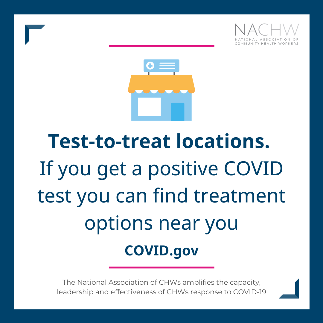 Cartoon icon of a clinic. Text reads, "test-to-treat locations. If you get a positive COVID test you can find treatment options near you. COVID.gov"