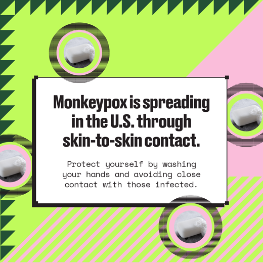 Pink and green background with 4 pictures of a soap bar. Text reads, "Monkeypox is spreading in the U.S. through skin-to-skin contact. Protect yourself by washing your hands and avoiding close contact with those infected."