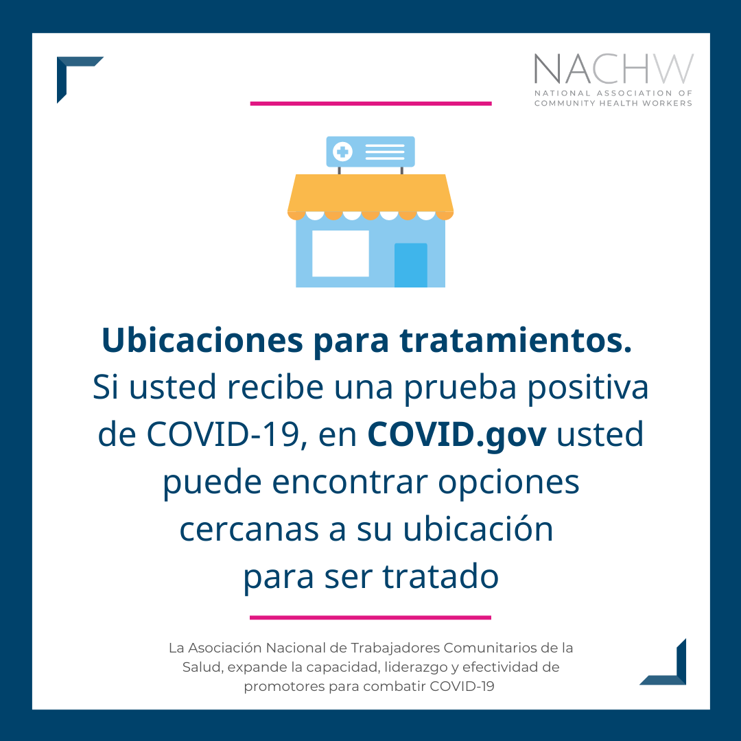 Cartoon icon of a clinic. Spanish text reads, "test-to-treat locations. If you get a positive COVID test you can find treatment options near you. COVID.gov"