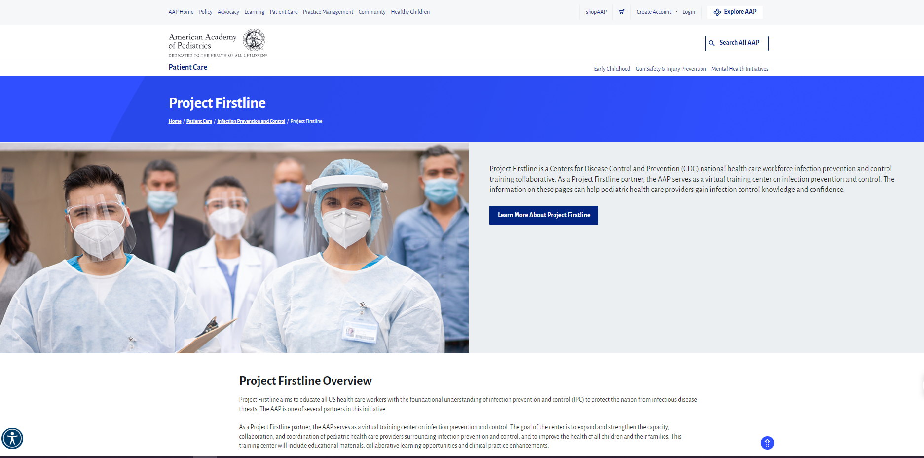 Webpage image shows multiple health care providers wearing various protective equipment such as masks and face shields