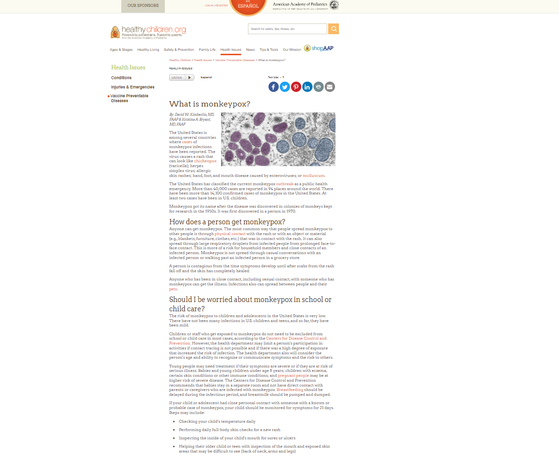 Webpage shows multiple paragraphs of text with headers at the top. The top of the page shows a microscope image of a virus