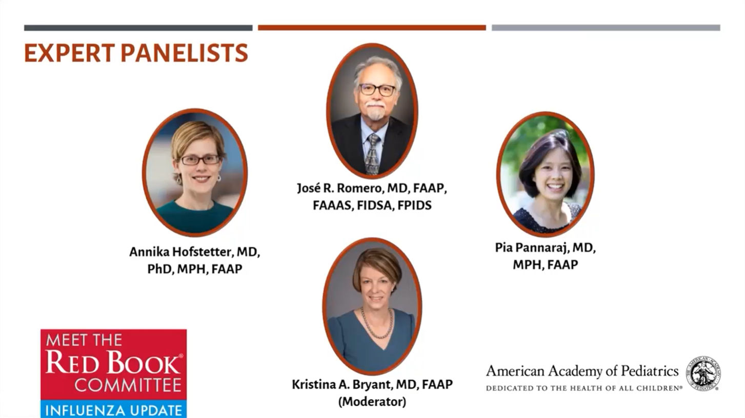 White background with American Academy of Pediatrics logo on the bottom right corner, Meet the Red Book Committee logo on the bottom left corner, and photos of the expert panelists and discussion moderator.