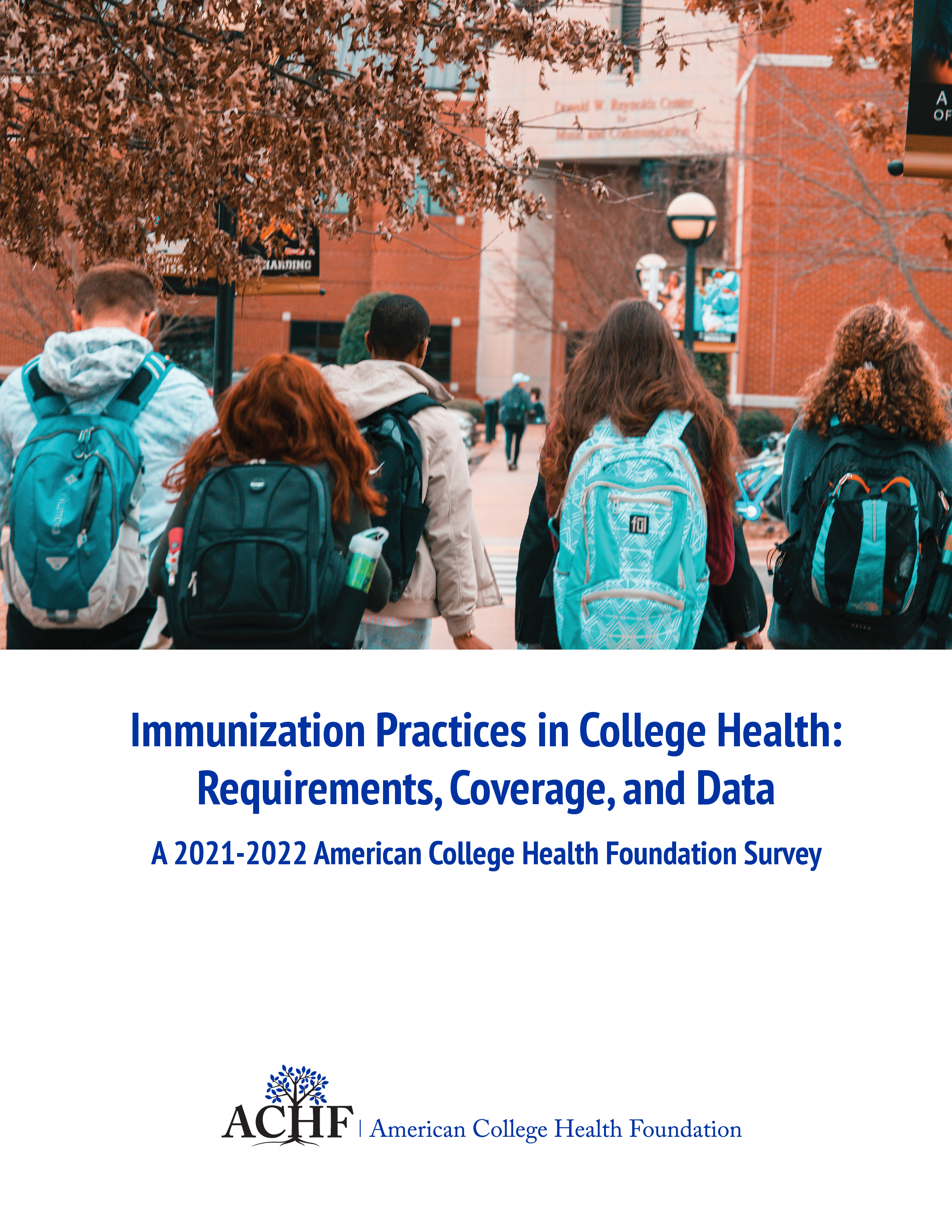 Report title page shows the backs of five students walking toward a university building. 