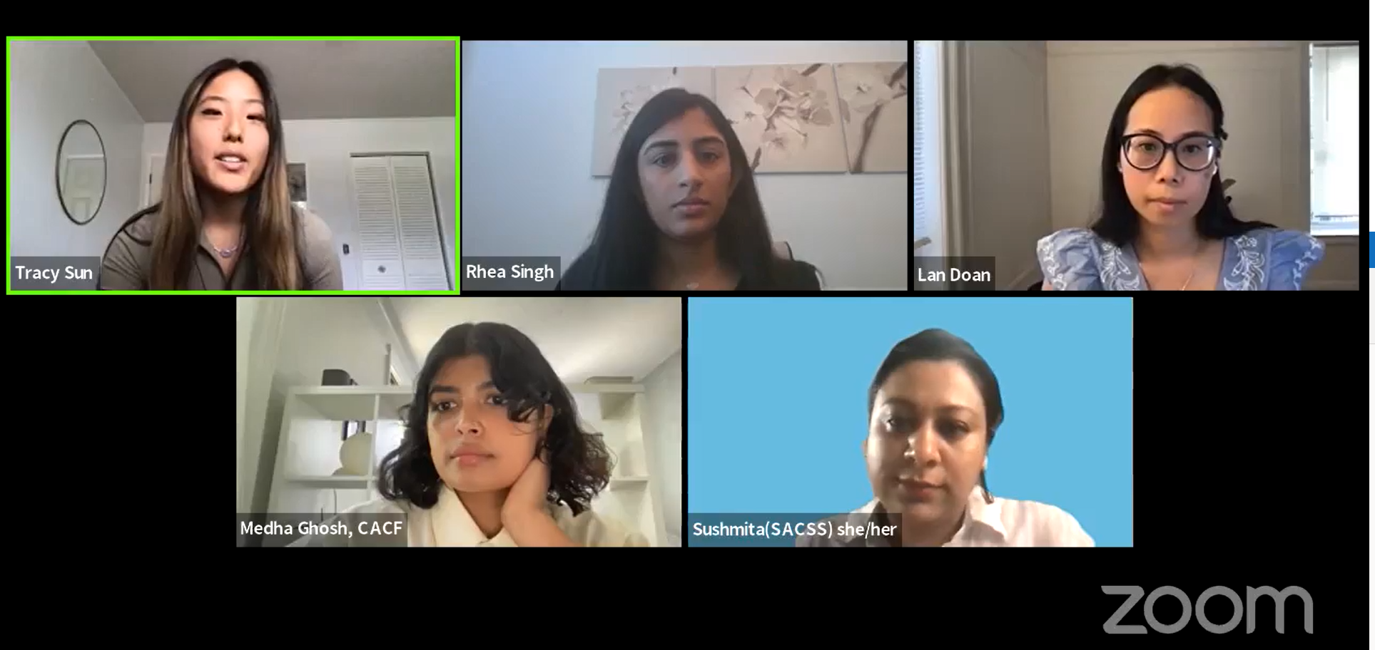 Five Asian and South Asian women speaking in a webinar hosted on Zoom. 