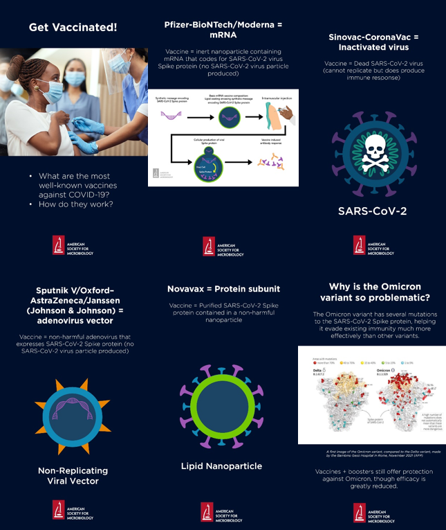 Multiple graphics with white text over a dark blue background making up the carousel post. Image of a Black woman wearing a mask receiving a vaccine. Graphics of vaccine proteins, protein structures, and flowchart.