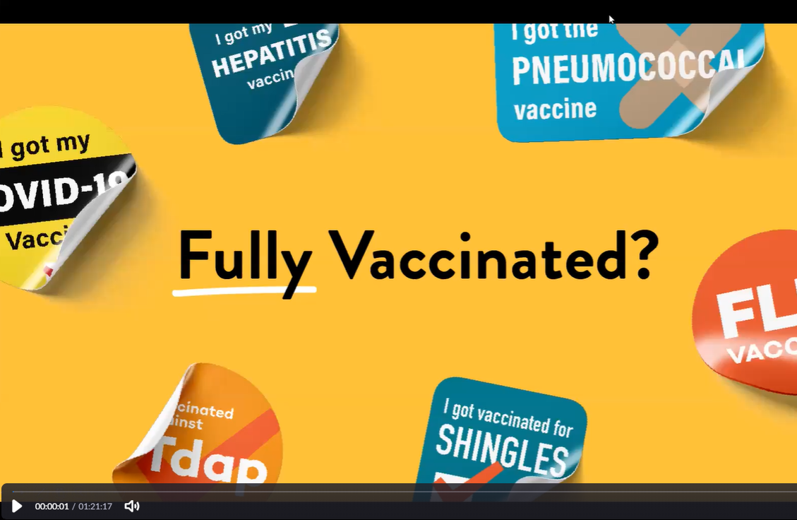 The words "fully vaccinated" appear against a yellow background. Stickers saying "I got my vaccine" appear around the words, with each sticker including a routine vaccination.