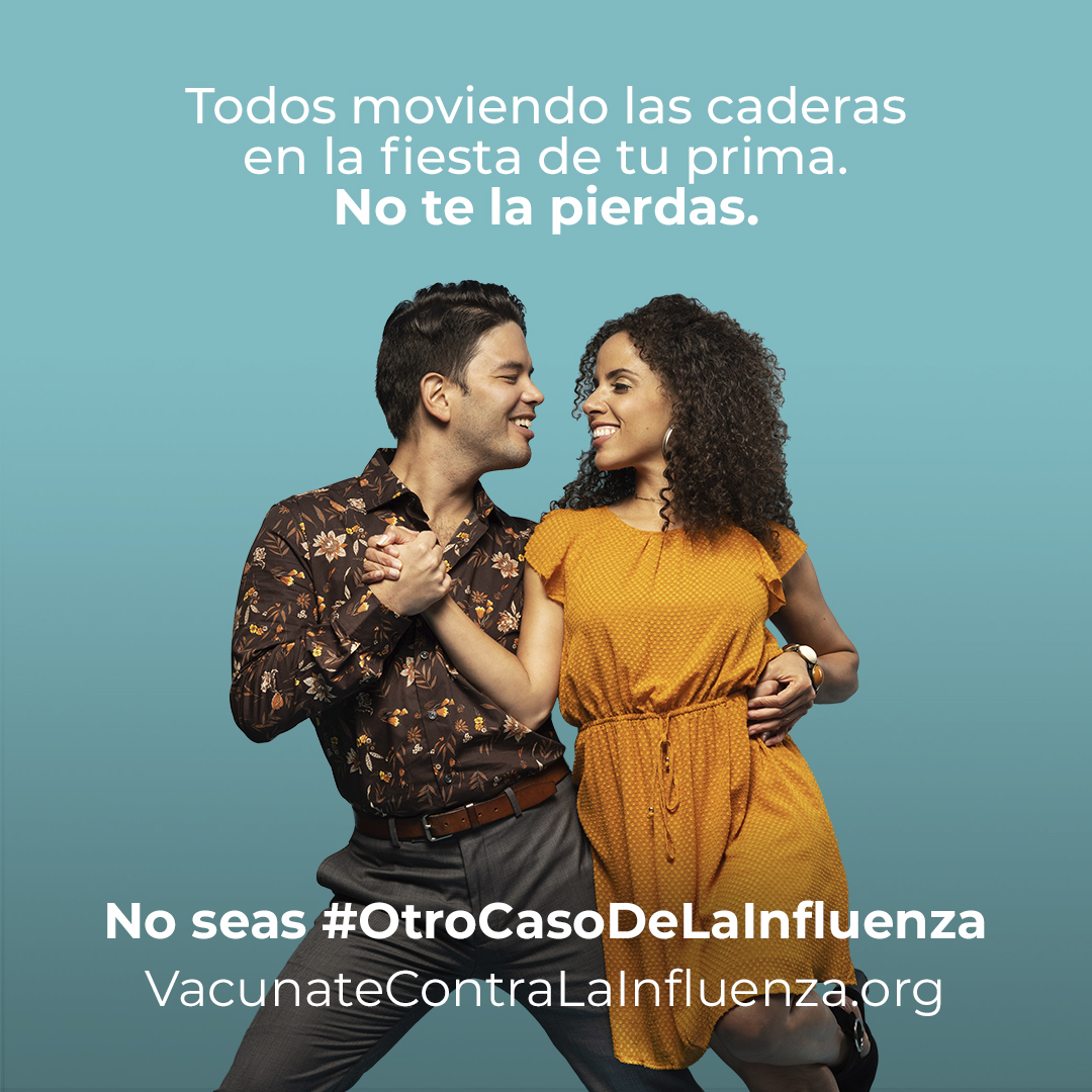 Teal background with white text in Spanish and a man and woman dancing closely, holding hands, and smiling at each other. Hashtag and weblink is at the bottom of the image.