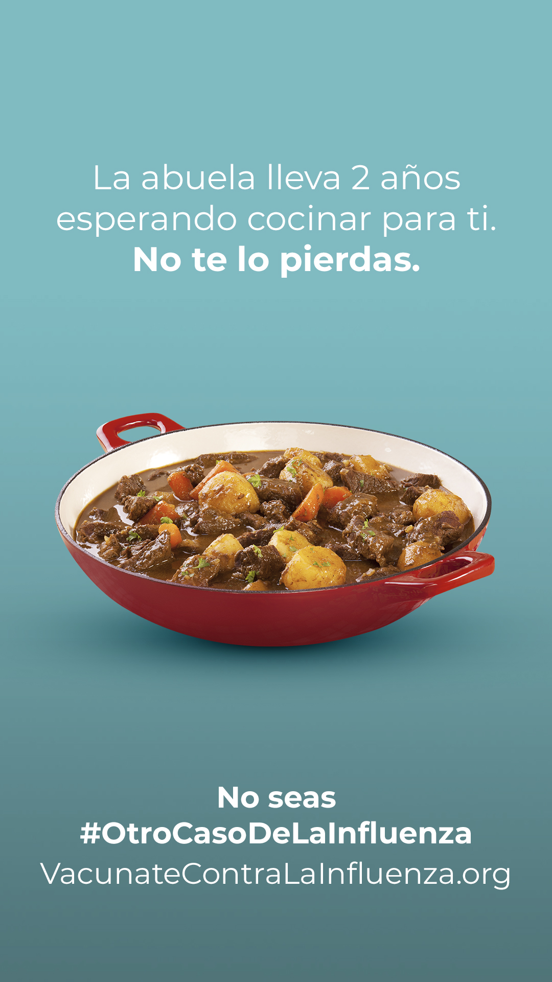 Teal background with white text in Spanish and an image of beef stew. Hashtags and weblinks are at the bottom.