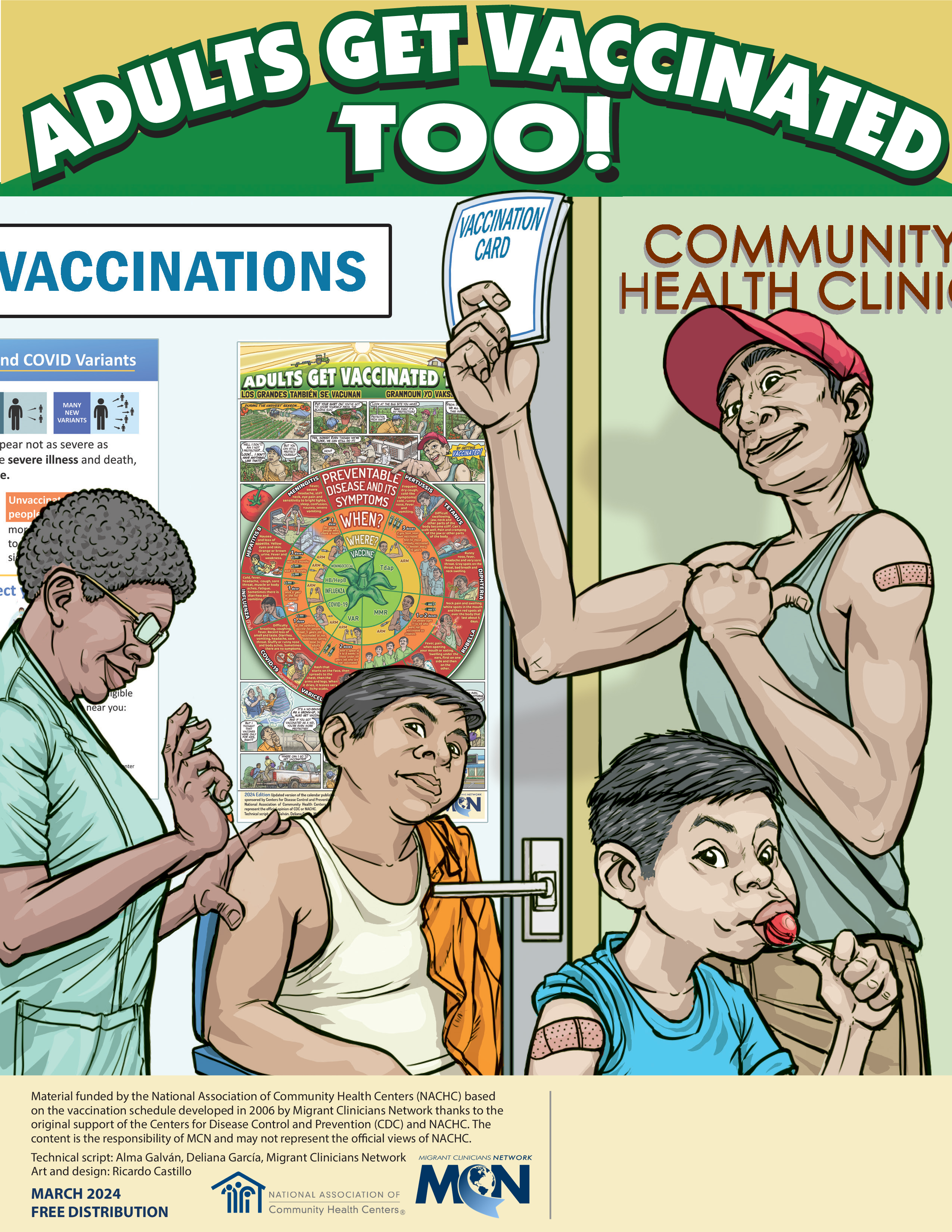 Image of four people, a Black woman administering a vaccine to a Latino man sitting in a chair, a young Latino boy with a Band-Aid on his arm and sucking on a lollipop while sitting, and a Latino man holding a vaccination card in his hand and pointing to the Band-Aid on his arm.