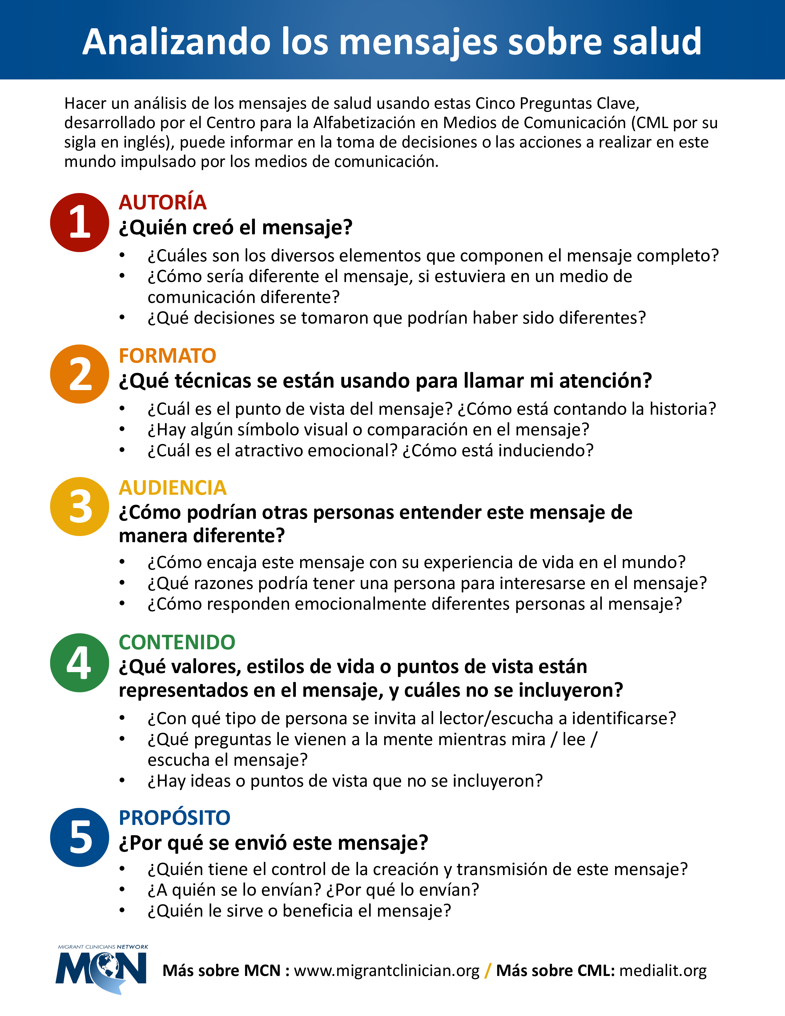 A snapshot of the factsheet with the list of five questions to ask to improve media literacy