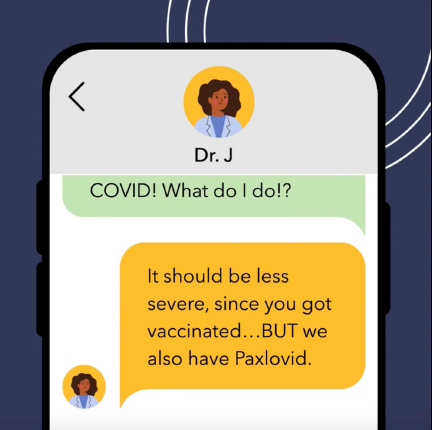 Graphic contains a smartphone messaging app, that shows a patient sending a message to Dr. J to receive an antiviral prescription