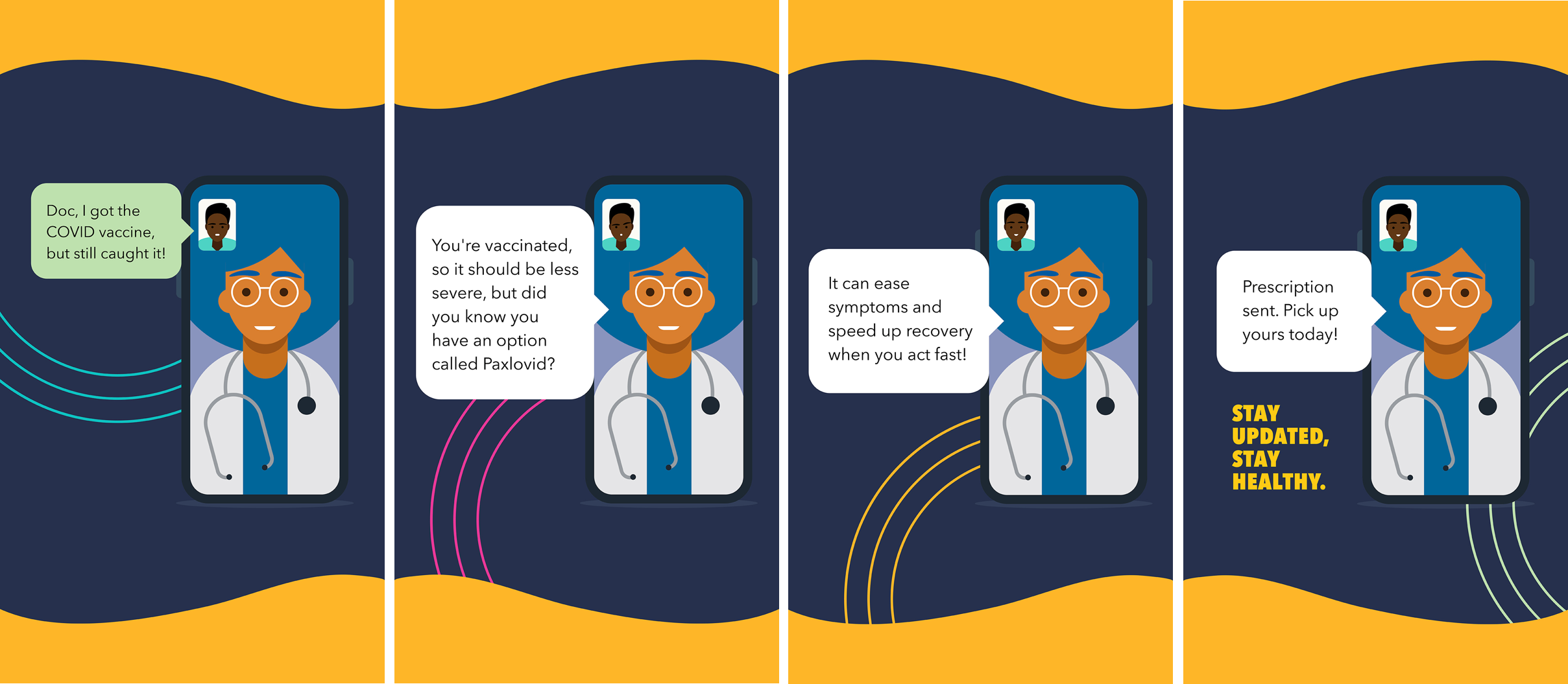Graphic illustration of a black doctor video messaging with a patient on a smartphone.