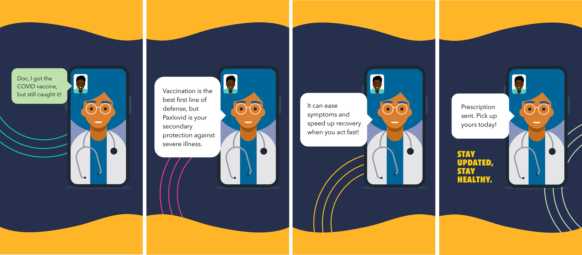 Graphic illustration of a black doctor video messaging with a patient on a smartphone.