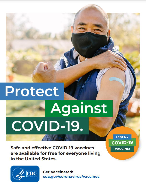 Image of an Asian man wearing a mask behind a phrase that says "Protect from COVID-19."