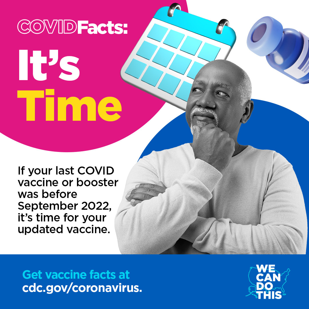 An older adult man in a thinking pose. Text reads, "COVID Facts: It’s Time. If your last COVID vaccine or booster was before September 2022, it’s time for your updated vaccine. Get vaccines facts at cdc.gov/coronavirus"