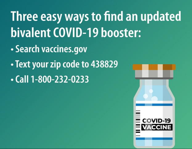 Cartoon image of a COVID-19 vaccine vial. Text reads, "Three easy ways to find an updated bivalent COVID-19 booster: Search vaccines.gov. Text your zip code to 438829. Call 1-800-232-0233."