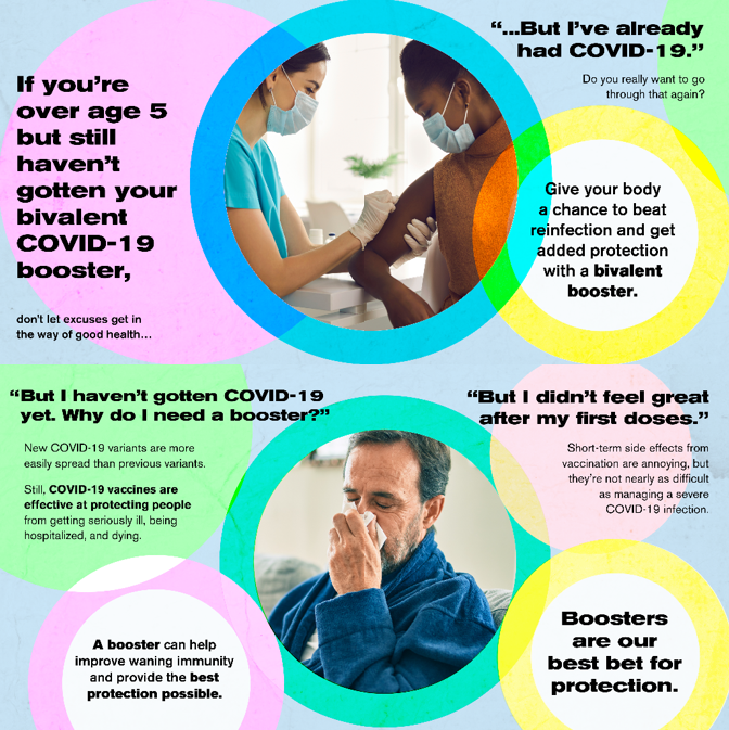 A Black masked woman receives a vaccine from a white masked woman and a White older man sneezes into a tissue. Colorful background and text.