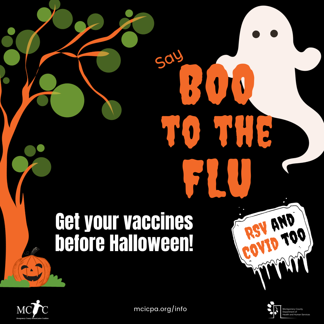 Graphic with tree and a ghost says 'say boo to the flu and RSV and COVID too.'