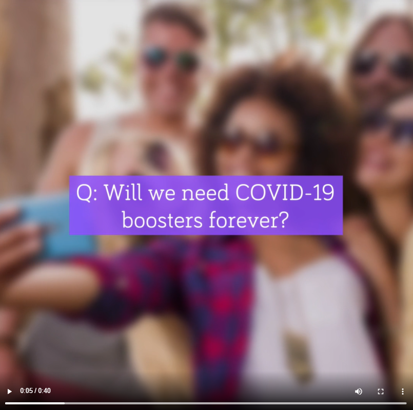 A group of friends of multiple races/ethnicities take a picture in the background while a question in a purple text box appears in front of them. 