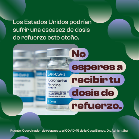 Dark green background with photo of COVID-19 vaccines vials and Spanish text in ivory and maroon font colors. Source is cited, in Spanish, at the bottom of the graphic.