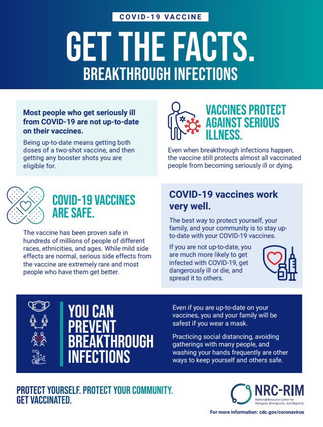 An image of the factsheet with a bold header at the top with five boxes of text below (navy, teal, and white text) with header statements, descriptions, and images related to vaccines and health.