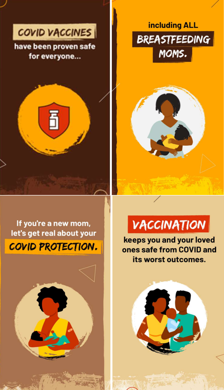 Four panels with a black and yellow color scheme contain images related to vaccines and pregnancy. The first image has a vaccine file, the second and third show a cartoon mother and baby, and the fourth shows a mother, father, and baby.