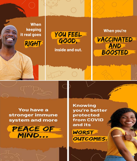 Five panels of images in a brown, tan, red, and yellow color scheme. The first image shows a man smiling and the last image shows a woman showing off her band aid and giving a thumbs up.