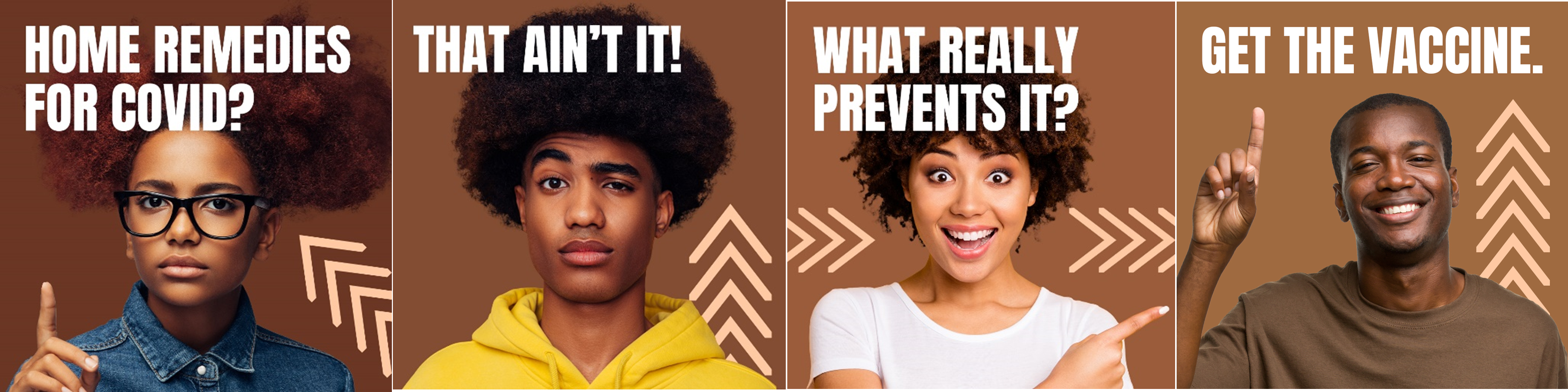 Brown background with picture of one Black teenager per image across four static images.  Two guys and two girls in total. Each are pointing to a phrase in the graphic