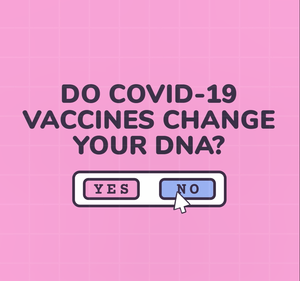 A poll with the words “Do COVID-19 vaccines change your DNA? Yes or No.” The word No is highlighted with an arrow pointing to it (indicating that this is the answer to the question).