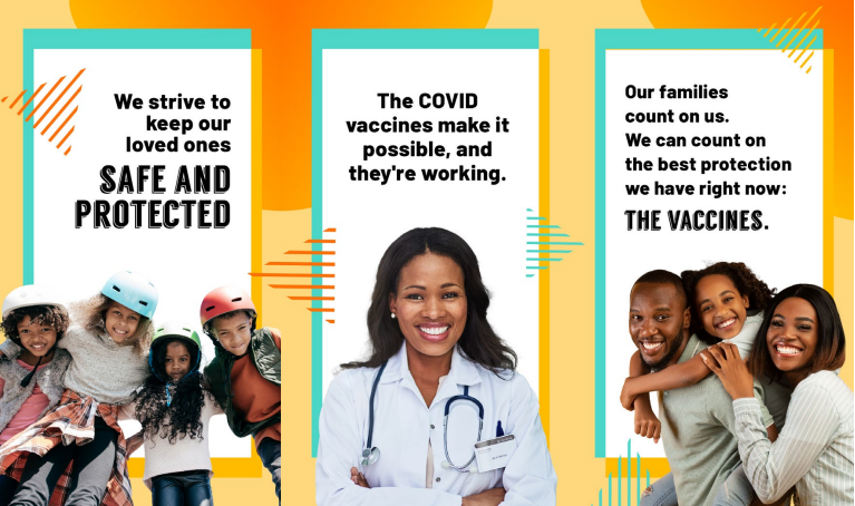 Graphics show three images: first, a group of four Black children wearing helmets, second, a Black woman doctor smiling, third, a Black mother, father & daughter hugging.