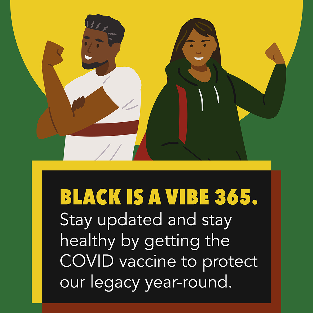 Graphic includes a Black man and a Black women smiling and raising their arms to signify strength. 