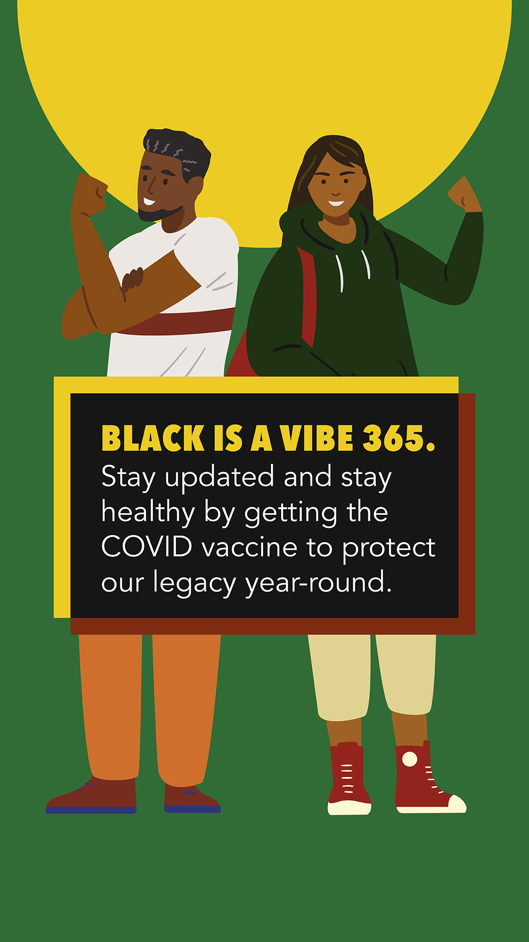 Graphic includes a Black man and a Black women smiling and raising their arms to signify strength. 