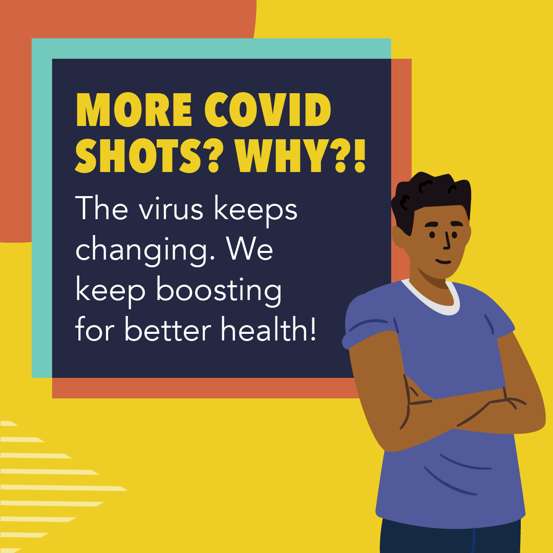 young black man with his arms crossed and text that says more covid shots? why?!