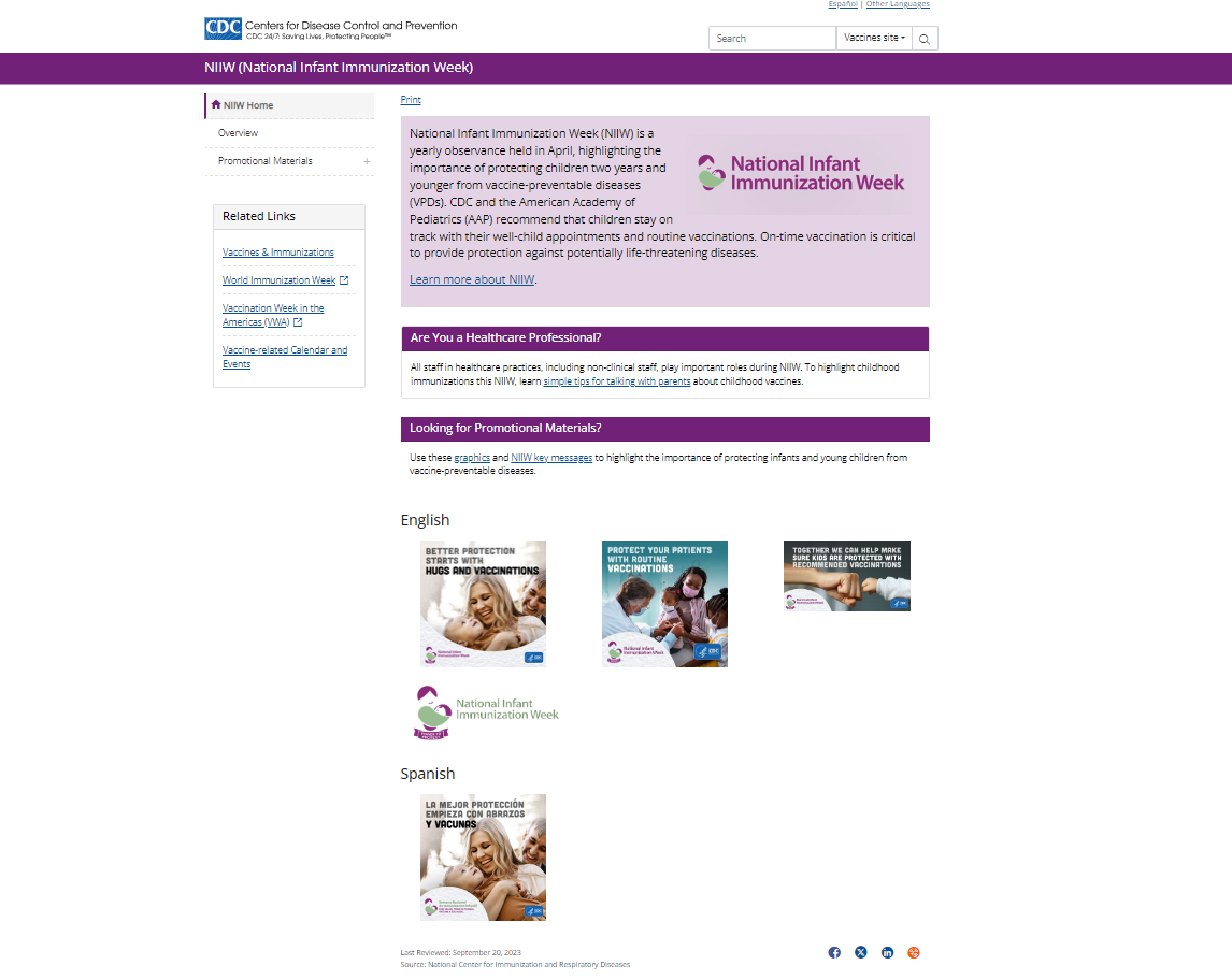 Webpage shows thumbnail images featuring a woman and man looking at their baby, a Black health care provider with a baby and mother, and an adult and child hands doing a "fist bump".